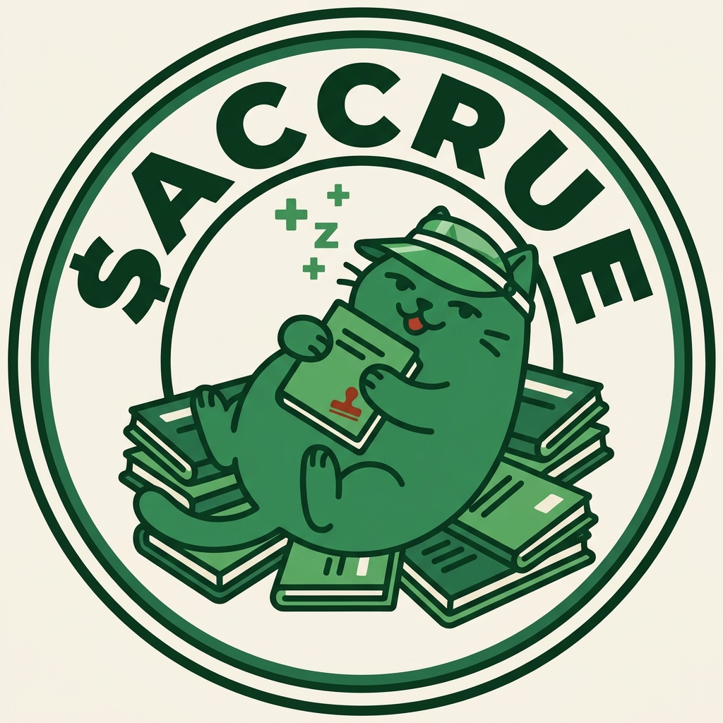 The ACCRUE seal — a cartoon cat asleep on a pile of passbooks inside a circular badge